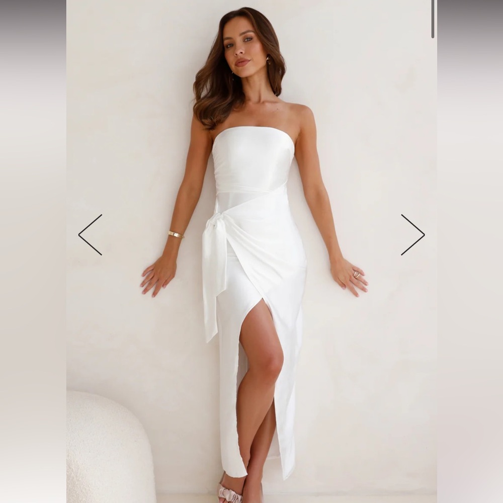 NWOT Miss to Mrs Strapless Satin Midi White Dress